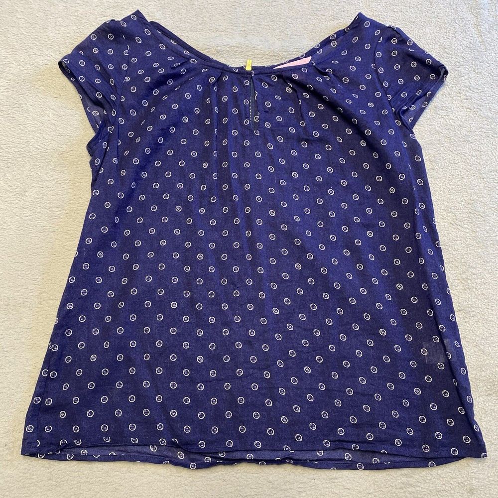 Lilly Pulitzer Top XS Blue Cap Sleeve Button Print Back Zip Casual Career Cotton